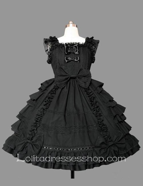Lolita Plain Black Cotton Square Neck Cap Sleeve knee-length Ruffles Bow Sweet Dress