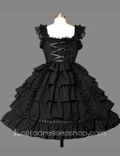 Lolita Plain Black Cotton Square Neck Cap Sleeve knee-length Ruffles Bow Sweet Dress