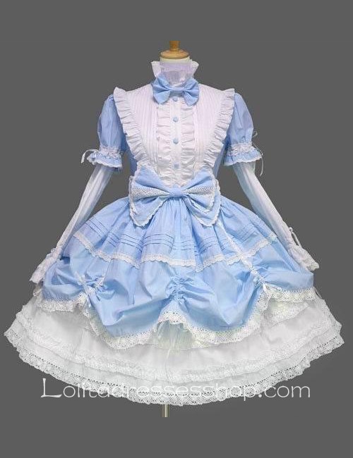 Lolita Sky Blue Cotton Stand Collar Long Sleeves knee-length Bow Splicing Dress