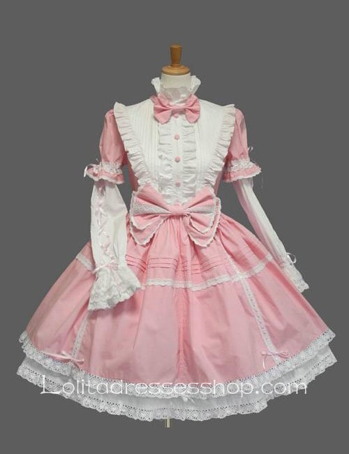 Lolita Pink White Cotton Stand Collar Long Sleeves Knee-length Bow Splicing Dress