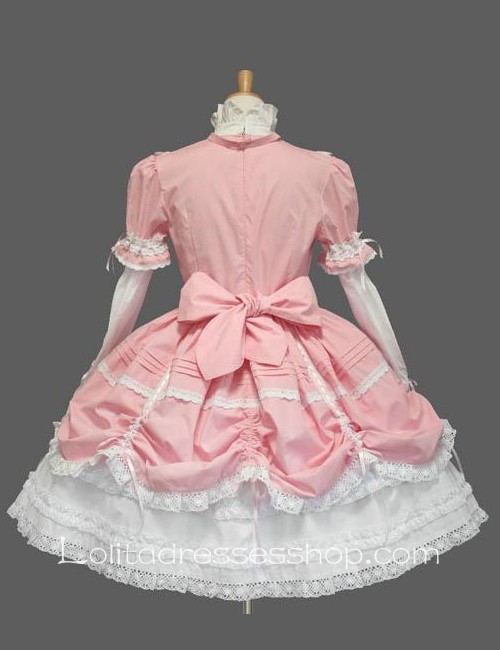 Lolita Pink White Cotton Stand Collar Long Sleeves Knee-length Bow Splicing Dress