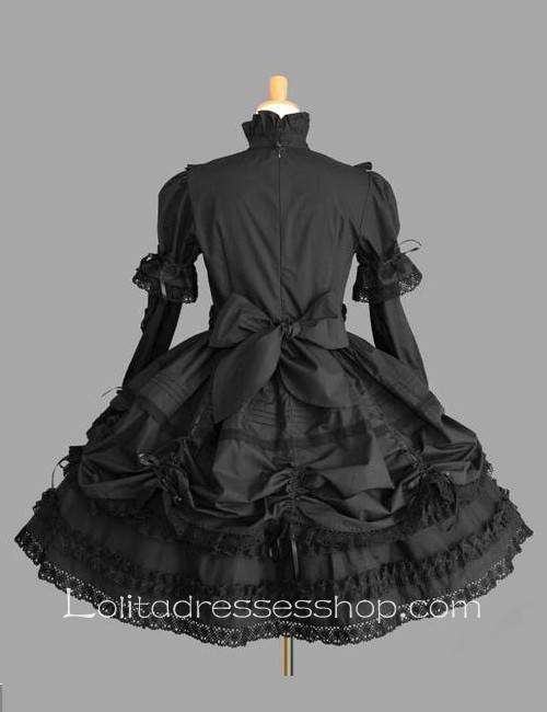 Lolita Plain Black Cotton Stand Collar Long Sleeves Knee-length Bow Splicing Dress