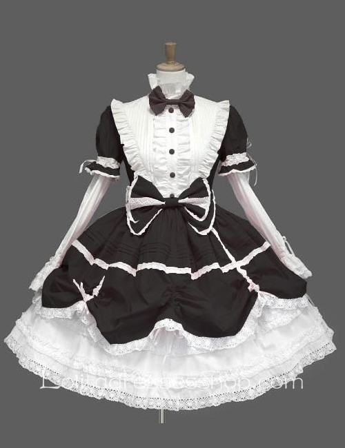 Lolita White Black Cotton Stand Collar Long Sleeves Knee-length Bow Splicing Dress