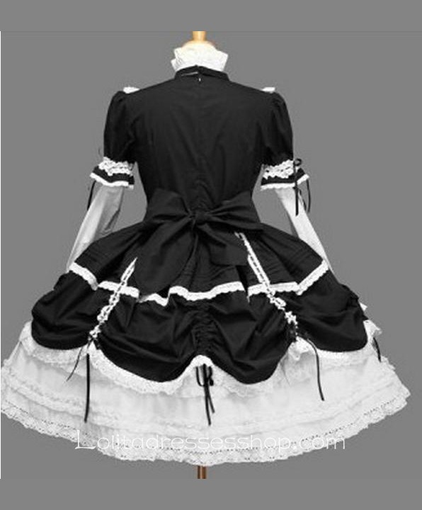 Lolita White Black Cotton Stand Collar Long Sleeves Knee-length Bow Splicing Dress