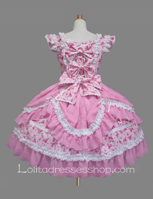 Lolita Pink Floral Cotton Square Neck Ruffles Bow Sweet Princess Dress