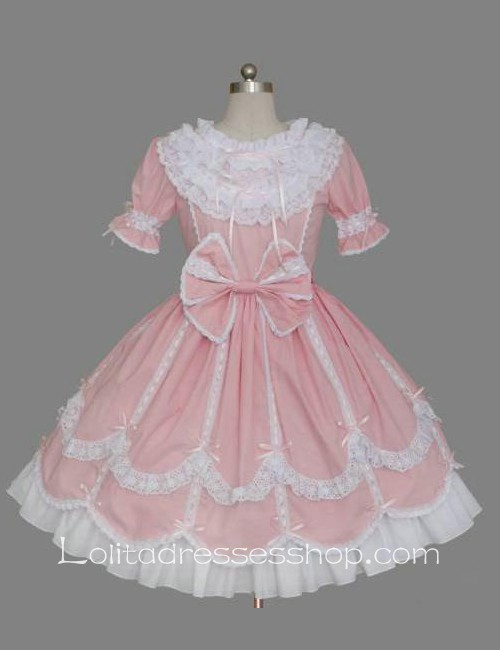 Lolita Pink Cotton White Lace Doll Collar Ruffles Bow Short Sleeves Sweet Princess Dress