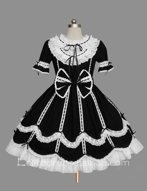 Lolita Black Cotton White Lace Doll Collar Ruffles Bow Short Sleeves Sweet Princess Dress