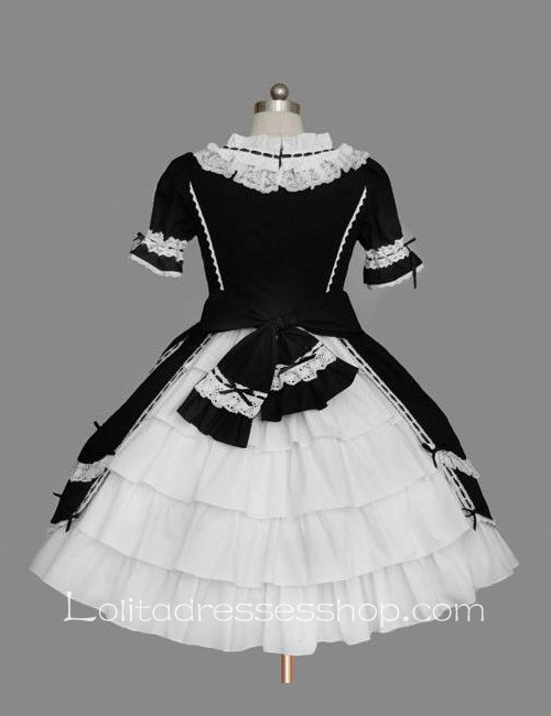 Lolita Black Cotton White Lace Doll Collar Ruffles Bow Short Sleeves Sweet Princess Dress