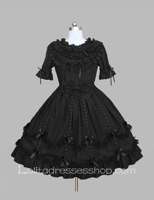 Lolita Plain Black Cotton Doll Collar Ruffles Bow Short Sleeves Sweet Princess Dress