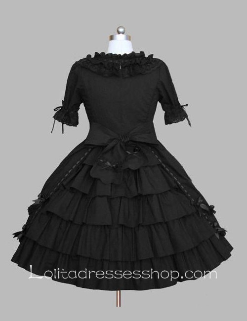 Lolita Plain Black Cotton Doll Collar Ruffles Bow Short Sleeves Sweet Princess Dress