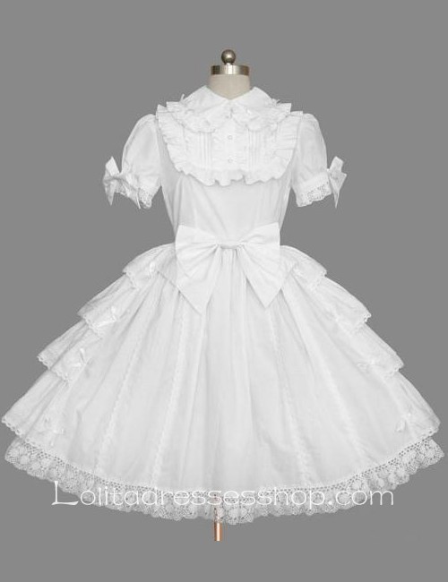 Lolita Plain White Cotton Lapel Ruffles Bow Short Sleeves Sweet Princess Dress