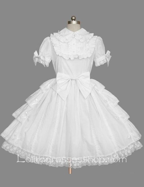 Lolita Plain White Cotton Lapel Ruffles Bow Short Sleeves Sweet Princess Dress