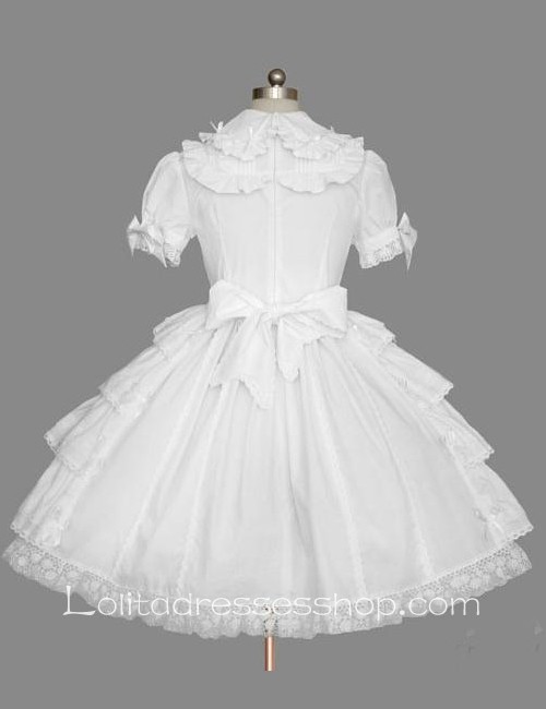 Lolita Plain White Cotton Lapel Ruffles Bow Short Sleeves Sweet Princess Dress