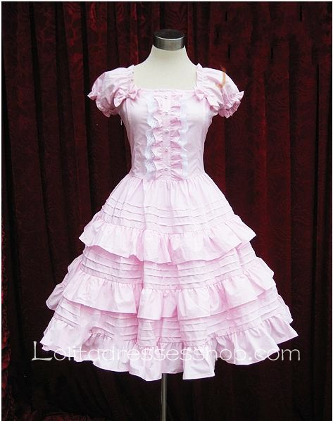 Lolita Pink Cotton Square Neck Short Sleeves Bow Multilayer Sweet Dress
