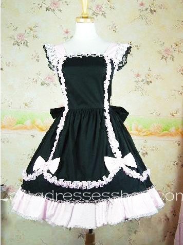 Lolita Black Pink Cotton Square Neck Cap Sleeves Ruffles Bow Princess Dress