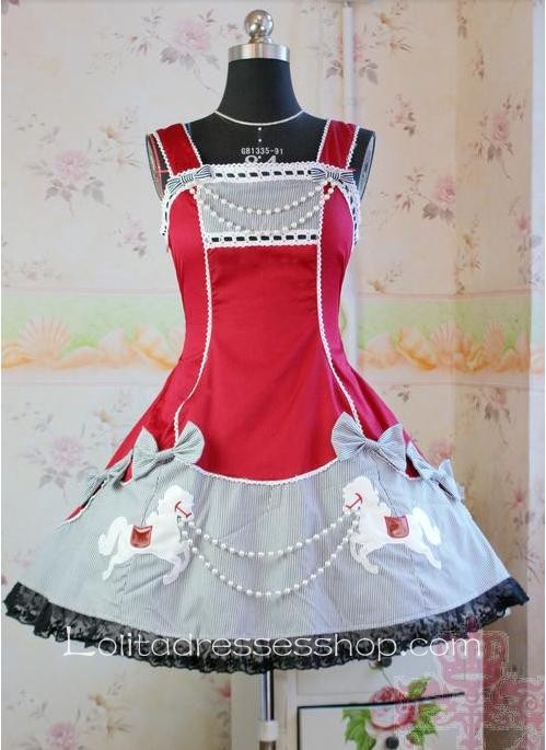Lolita Red Cotton Square Neck Straps Bow Embroidery Beads Dress