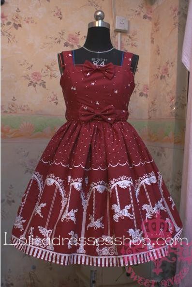 Lolita Floral Red Wine Cotton Sleeveless Ruffles Bow Sweet Dress