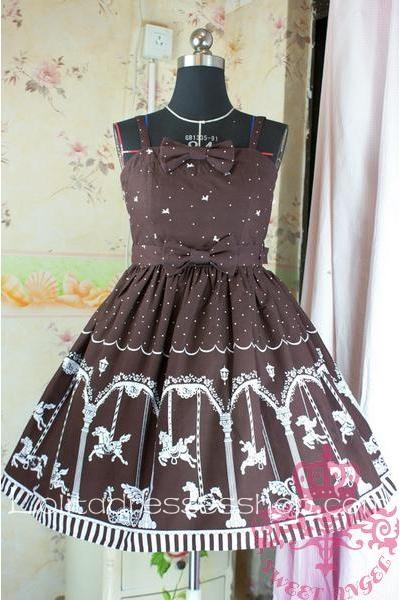 Lolita Floral Brown Cotton Sleeveless Ruffles Bow Sweet Dress