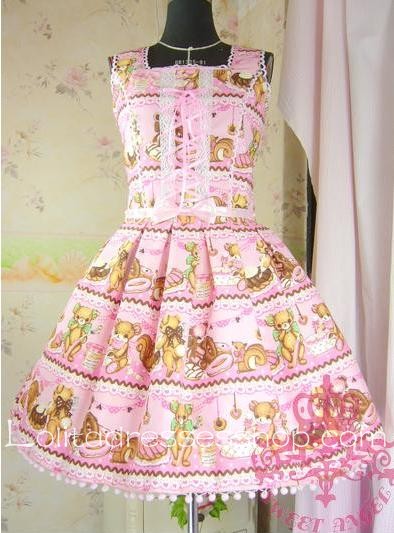 Lolita Pink Cotton Square Neck Bow Floral Sweet Dress