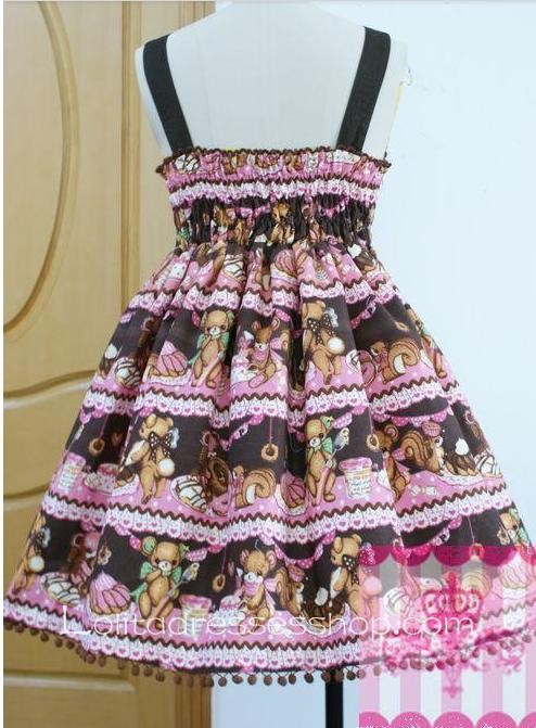 Lolita Coffee Cotton Square Neck Bow Floral Sweet Dress