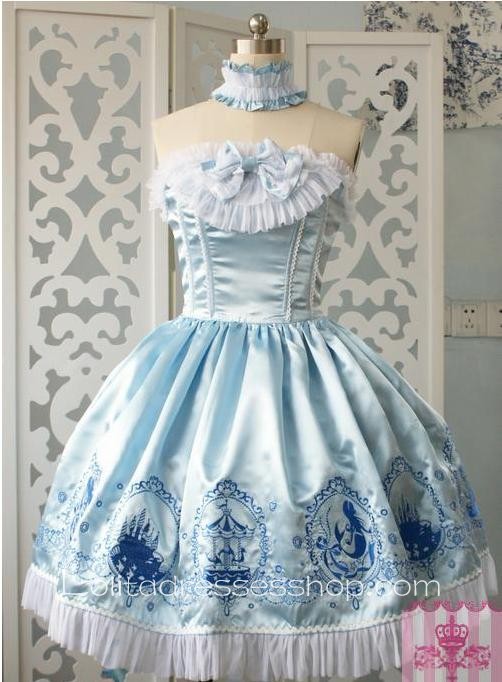 Lolita Grade Fabrics Sky Blue Thick Satin Taffeta Tube Top Ruffles Bow Sweet Dress