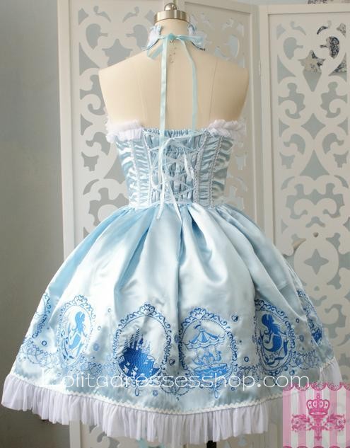 Lolita Grade Fabrics Sky Blue Thick Satin Taffeta Tube Top Ruffles Bow Sweet Dress