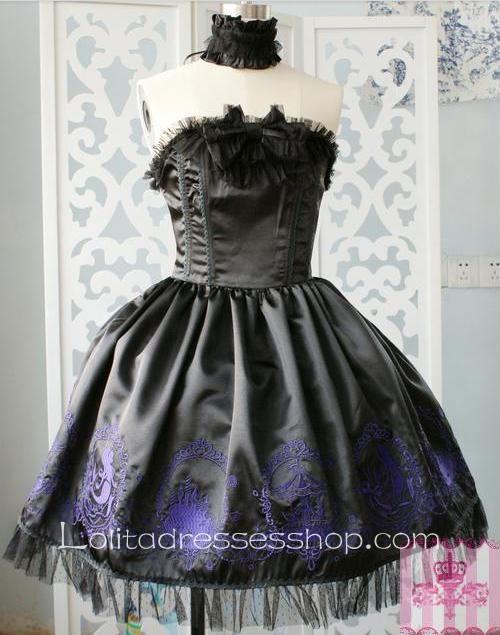 Lolita Grade Fabrics Black Thick Satin Taffeta Tube Top Ruffles Bow Sweet Dress