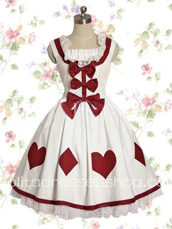 Lolita White Cotton Square Neck Peach Heart Bow Sweet Dress