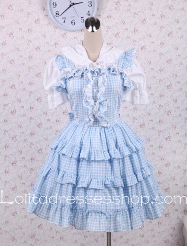 Blue Lattice Lapel Flouncing Hem Ruffles Sweet Lolita Dress