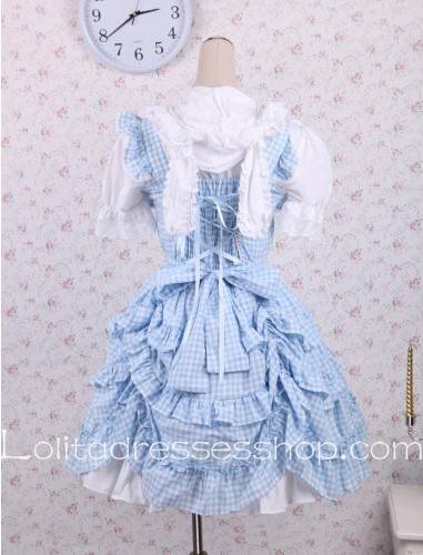 Blue Lattice Lapel Flouncing Hem Ruffles Sweet Lolita Dress