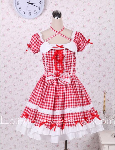 Lolita Square Neck Cross Red Ribbon Pleated Sweet Dress