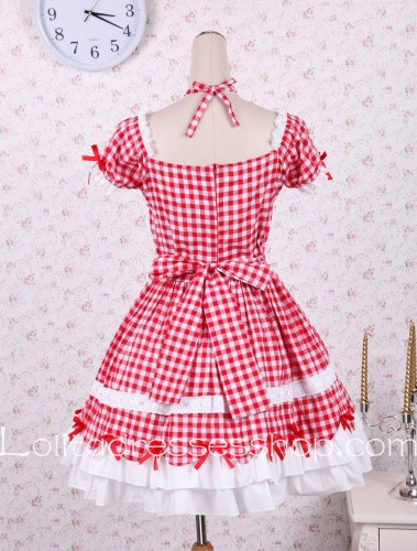 Lolita Square Neck Cross Red Ribbon Pleated Sweet Dress