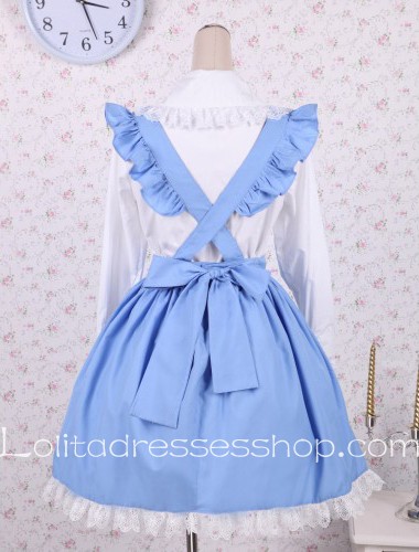 Lolita Blue Doll Collar Long Sleeve Ruffles Bow Sweet Dress