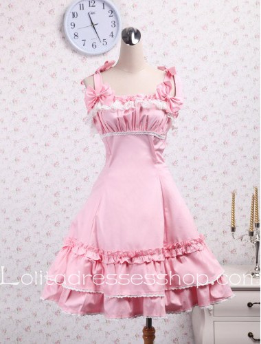 Lolita Pink Cotton White Lace Pleated Bow Sweet Dress