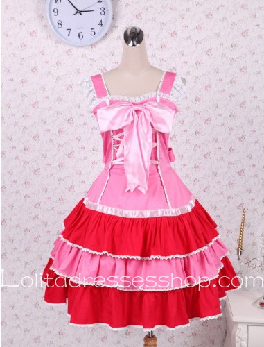 Lolita Pink Cotton Pleated Bow Princess Sweet Dress