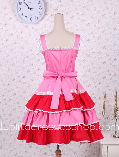 Lolita Pink Cotton Pleated Bow Princess Sweet Dress