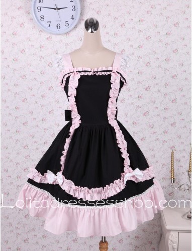 Lolita Black Cotton Lace Hem Bow Sweet Dress