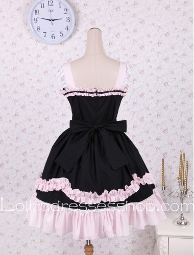 Lolita Black Cotton Lace Hem Bow Sweet Dress