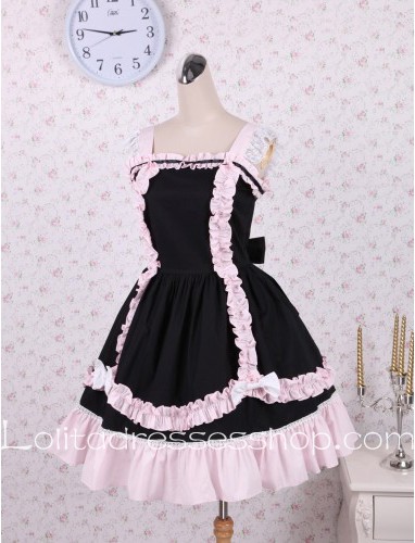 Lolita Black Cotton Lace Hem Bow Sweet Dress