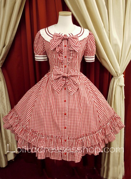 Red Lattice Doll Collar Short Sleeves Bow Sweet Lolita Dress