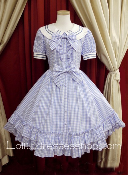 Light Blue Lattice Doll Collar Short Sleeves Bow Sweet Lolita Dress