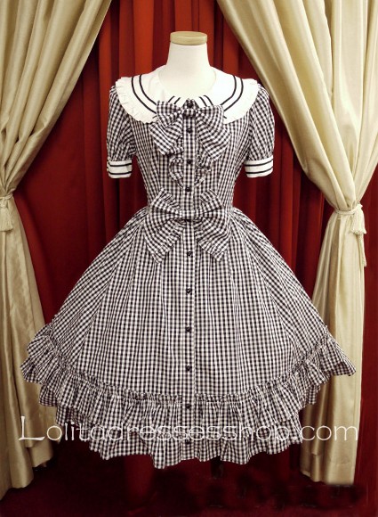 Black Lattice Doll Collar Short Sleeves Bow Sweet Lolita Dress