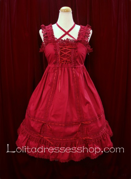 Plain Red Cotton Trim Sleeveless Square Neck Sweet Lolita Dress