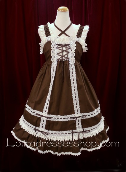 Coffee Cotton White Lace Trim Sleeveless Square Neck Sweet Lolita Dress