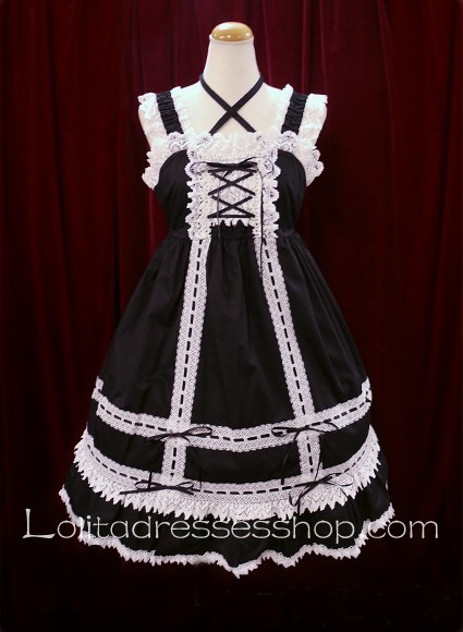 Black Cotton White Lace Trim Sleeveless Square Neck Sweet Lolita Dress