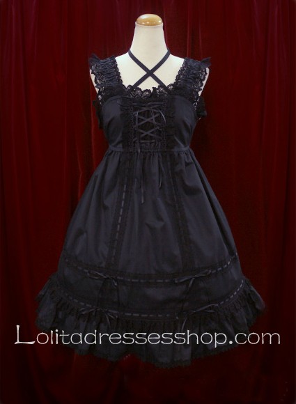 Plain Black Cotton Trim Sleeveless Square Neck Sweet Lolita Dress