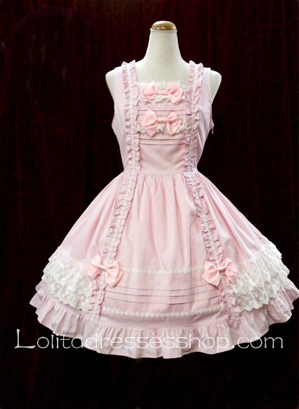 Pink Cotton Square Neck Bow Princess Sweet Lolita Dress