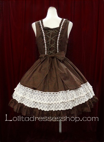 Coffee Cotton Square Neck Bow Princess Sweet Lolita Dress