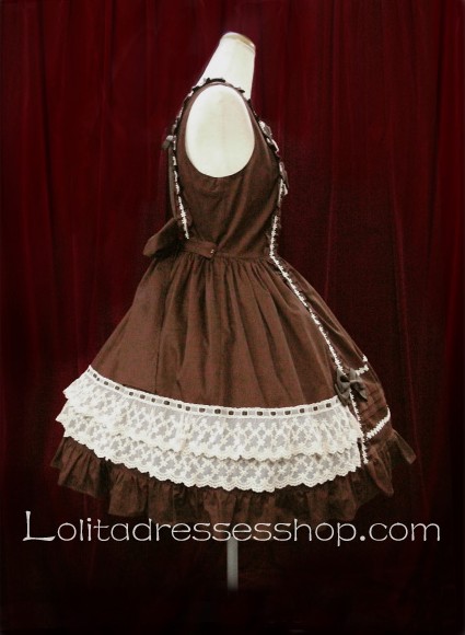 Coffee Cotton Square Neck Bow Princess Sweet Lolita Dress