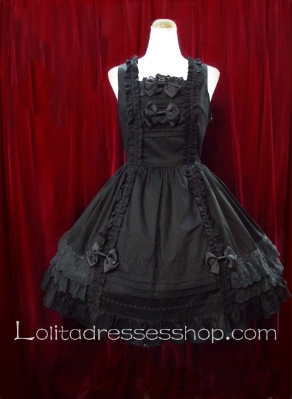Black Cotton Square Neck Bow Princess Sweet Lolita Dress